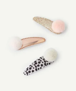 Lot de 3 barrettes bébé fille avec pompom rose imprimé et pailletée