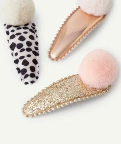 Lot de 3 barrettes bébé fille avec pompom rose imprimé et pailletée