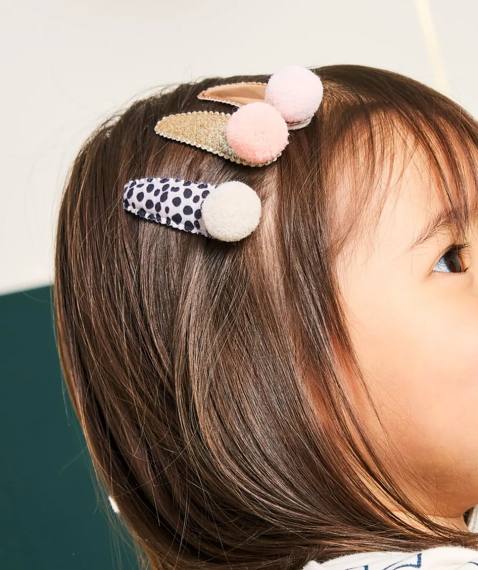 Lot de 3 barrettes bébé fille avec pompom rose imprimé et pailletée