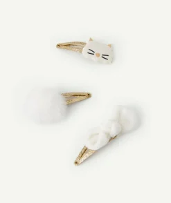 Lot de 3 barrettes bébé fille pailletées avec pompon noeud et chat