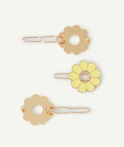 Lot de 3 barrettes fille avec fleurs jaune et rose
