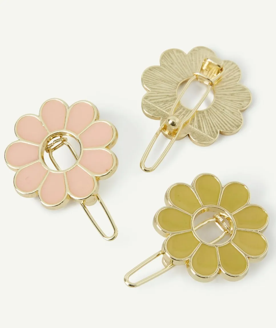Lot de 3 barrettes fille avec fleurs couleur dorée rose et vert