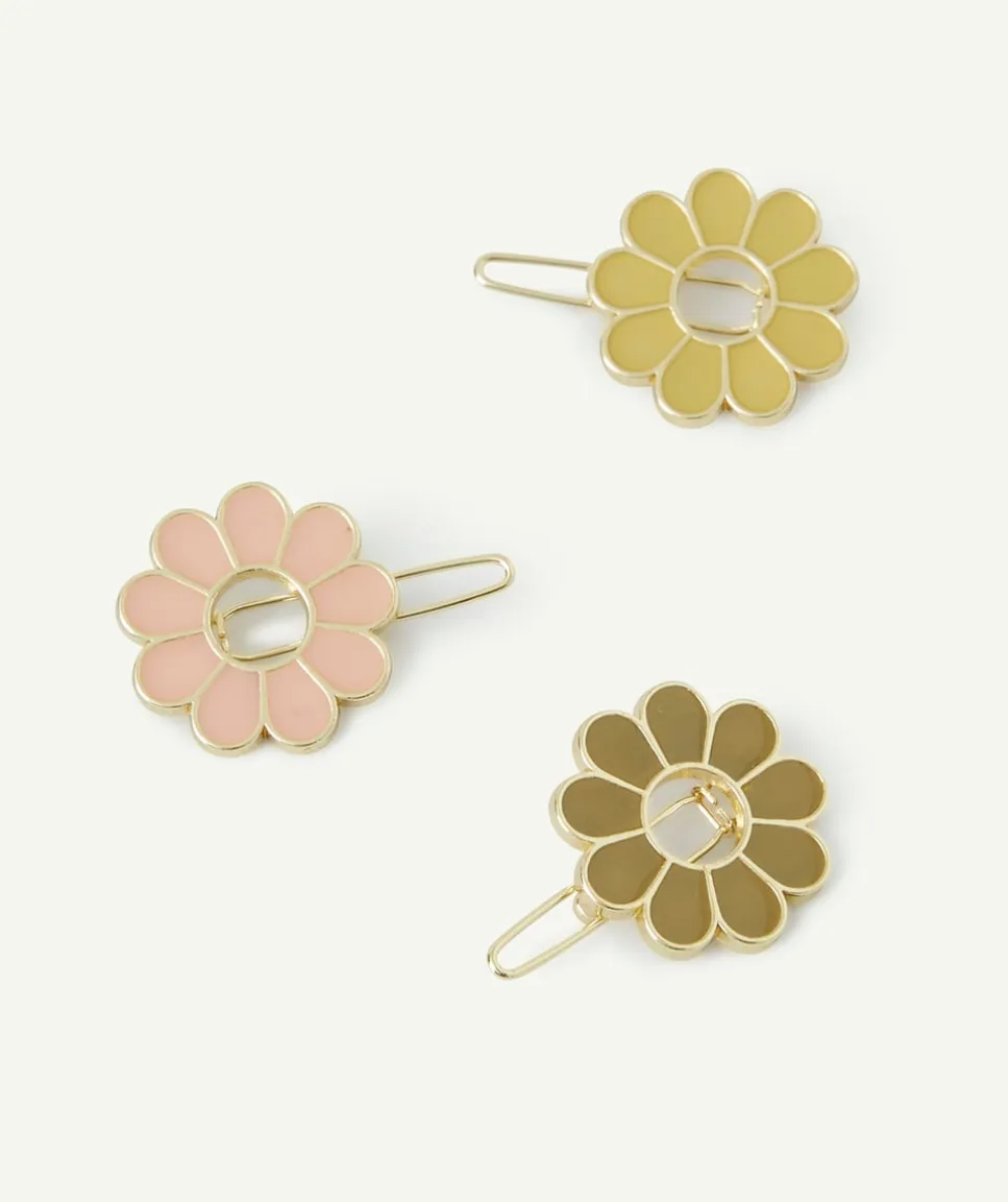 Lot de 3 barrettes fille avec fleurs couleur dorée rose et vert
