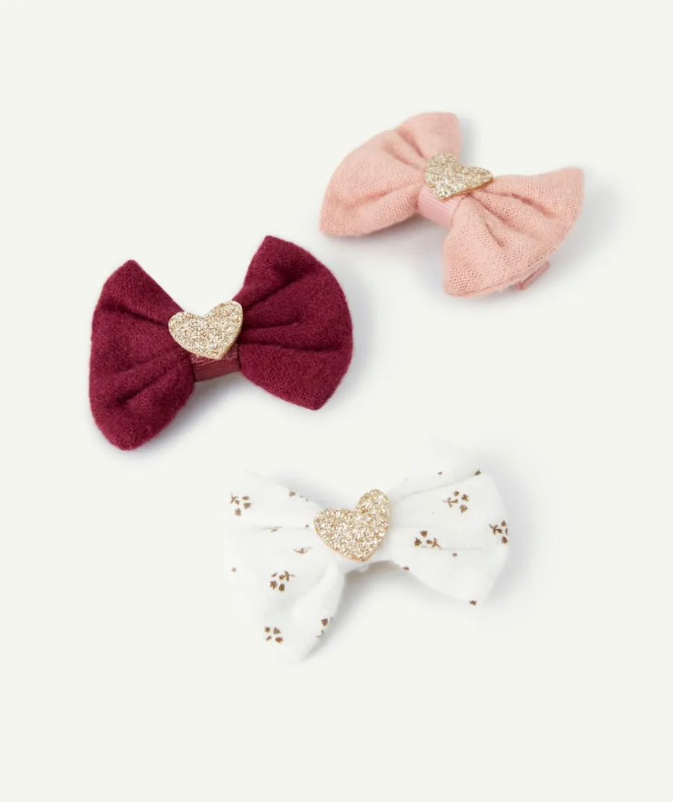 Lot de 3 barrettes fille noeuds avec coeurs pailletés