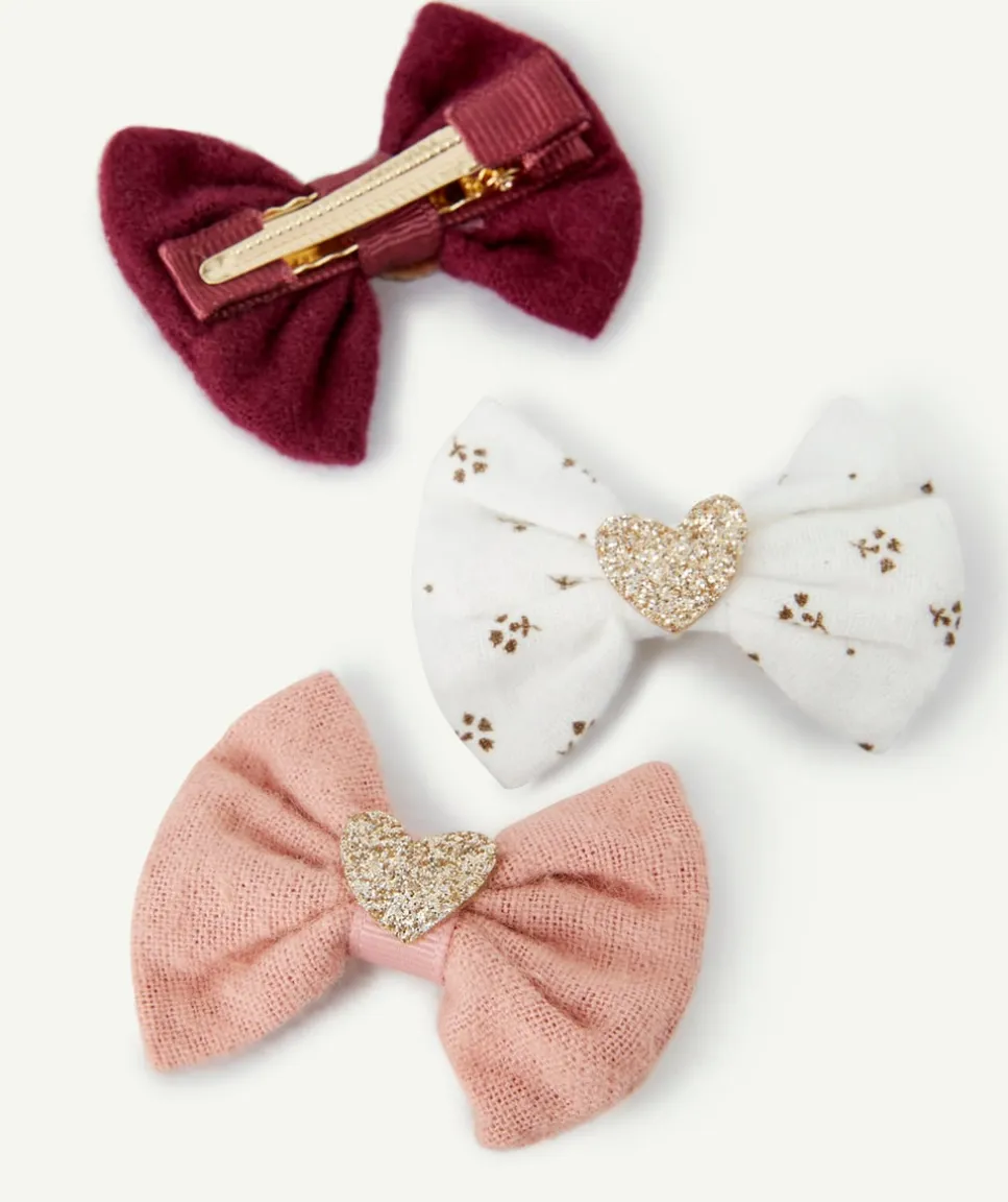 Lot de 3 barrettes fille noeuds avec coeurs pailletés