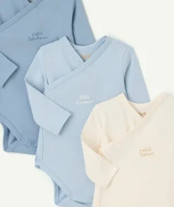 Lot de 3 bodies bébé garçon coton bleu et crème