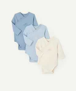 Lot de 3 bodies bébé garçon coton bleu et crème