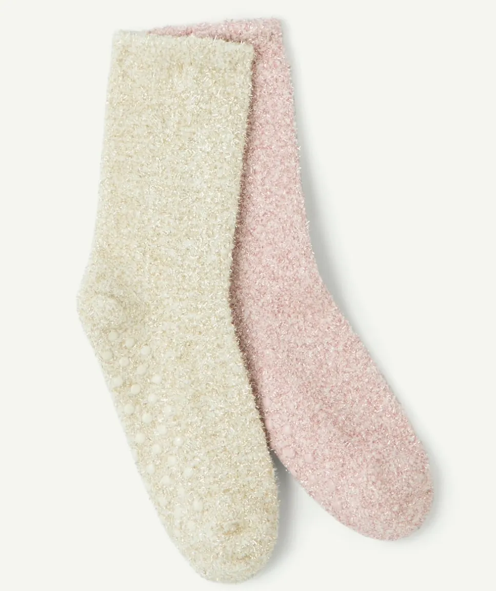 Lot de chaussettes peluche beige et rose fille