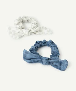 Lot de 2 chouchous fille blanc et bleu imprimés fleuris pailletés