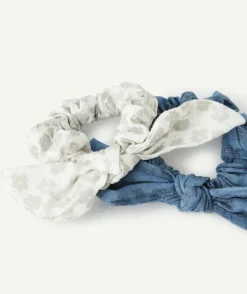 Lot de 2 chouchous fille blanc et bleu imprimés fleuris pailletés