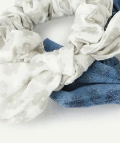 Lot de 2 chouchous fille blanc et bleu imprimés fleuris pailletés