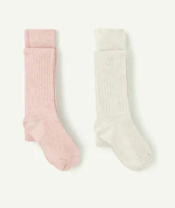 Lot de 2 collants côtelés fille rose et écru
