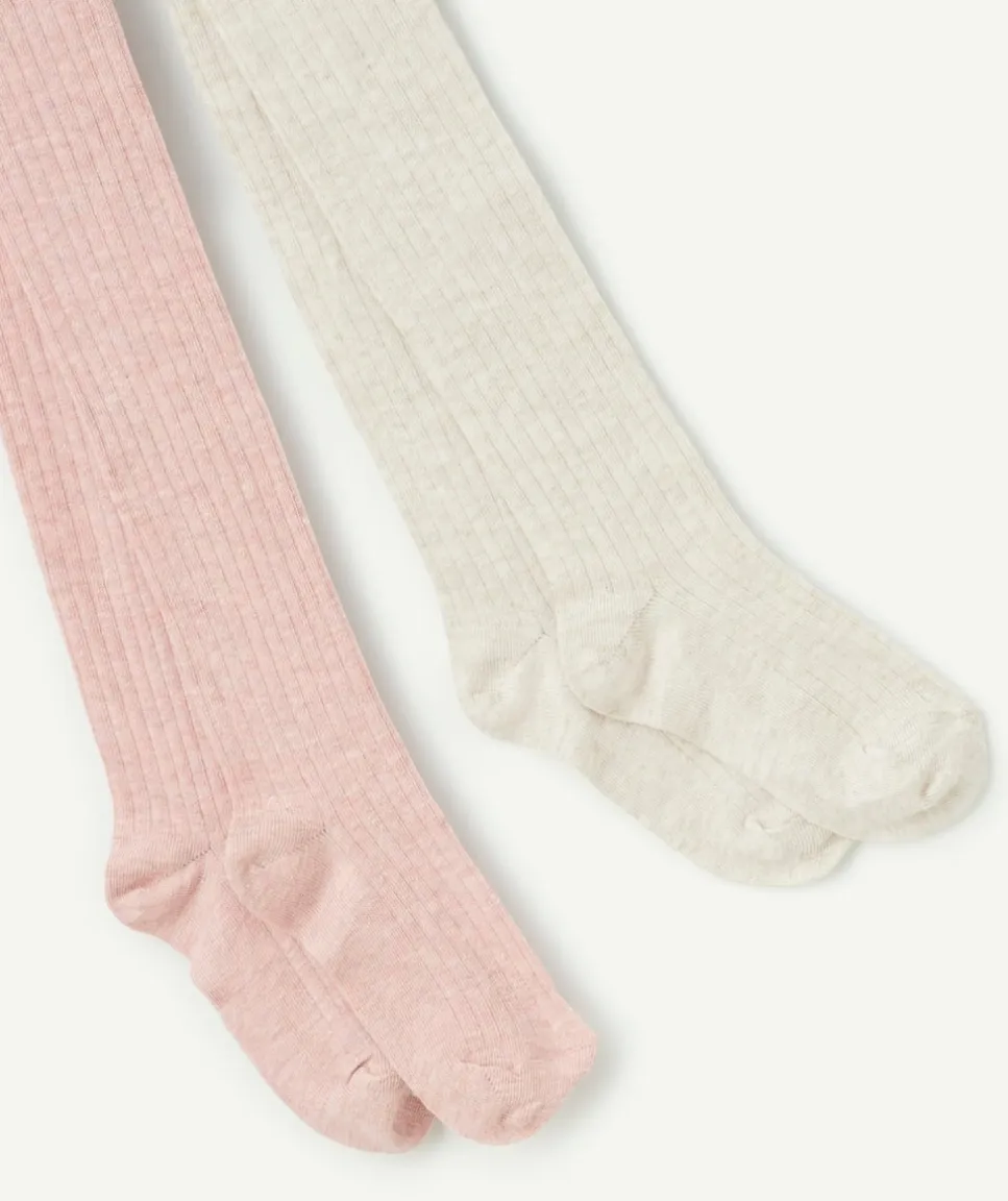 Lot de 2 collants côtelés fille rose et écru