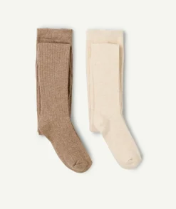 Lot de 2 collants fille marron et écru