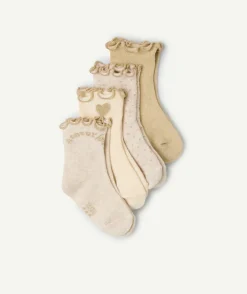 Lot de 4 paires de chaussettes bébé fille beige et écru avec festons couleur dorés