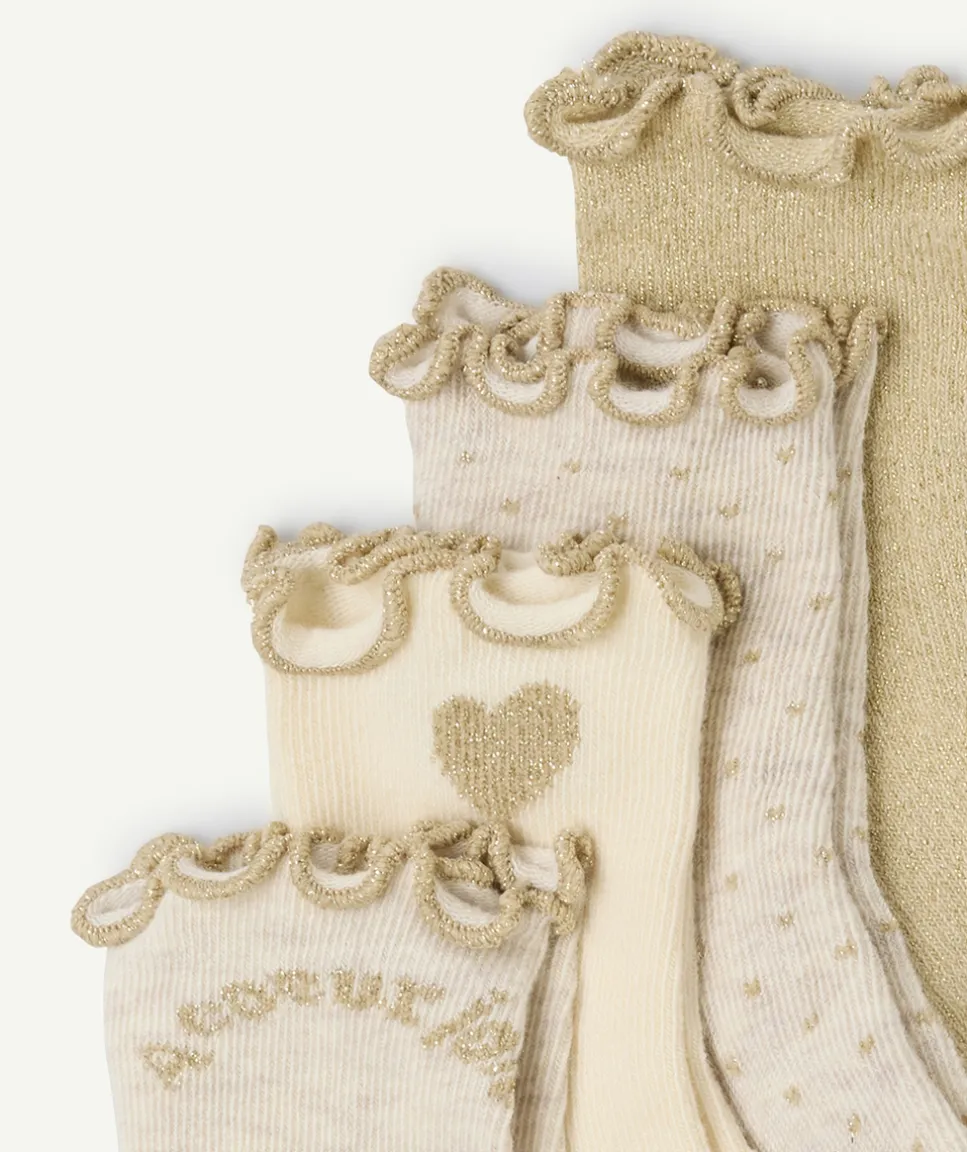 Lot de 4 paires de chaussettes bébé fille beige et écru avec festons couleur dorés
