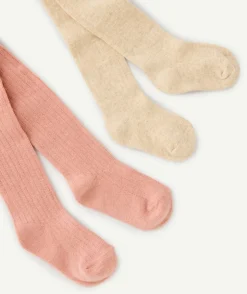 Lot de 2 paires de collants bébé fille en tricot rose et beige