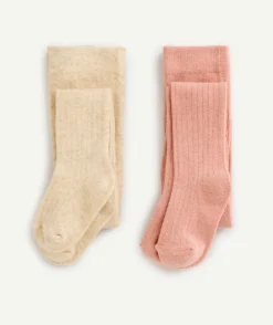 Lot de 2 paires de collants bébé fille en tricot rose et beige