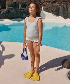 Maillot de bain fille rayé bleu volanté