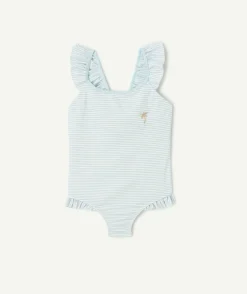 Maillot de bain fille rayé bleu volanté