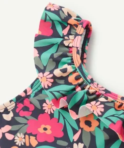 Maillot de bain 1 pièce fille en fibres recyclées bleu imprimé fleurs