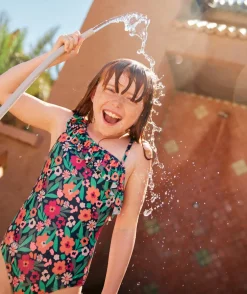 Maillot de bain 1 pièce fille en fibres recyclées bleu imprimé fleurs