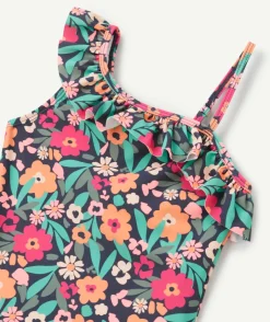 Maillot de bain 1 pièce fille en fibres recyclées bleu imprimé fleurs