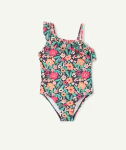 Maillot de bain 1 pièce fille en fibres recyclées bleu imprimé fleurs