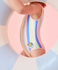 Maillot de bain 1 pièce fille imprimé à rayures colorées avec patch monsieur x madame