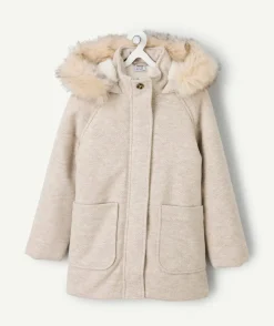 Manteau fille beige à capuche fourrure