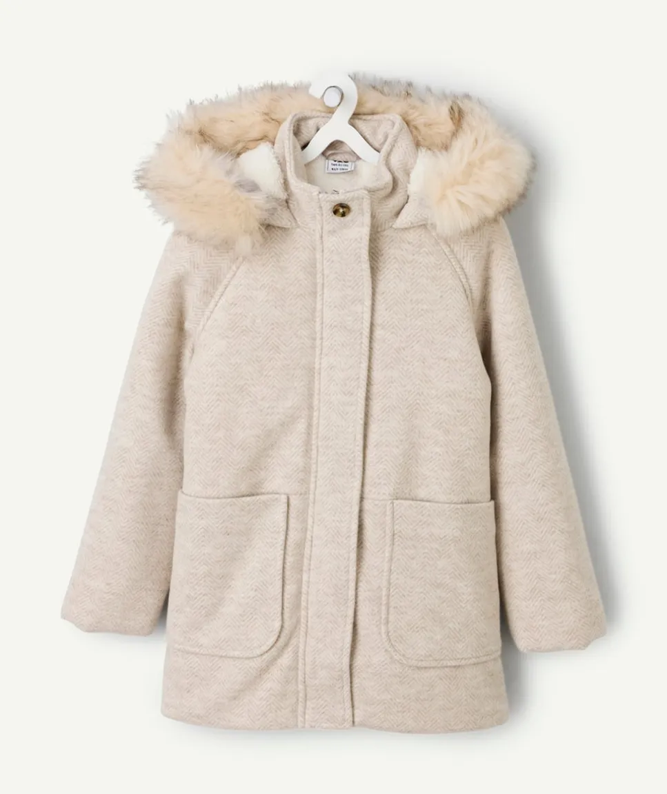 Manteau fille beige à capuche fourrure