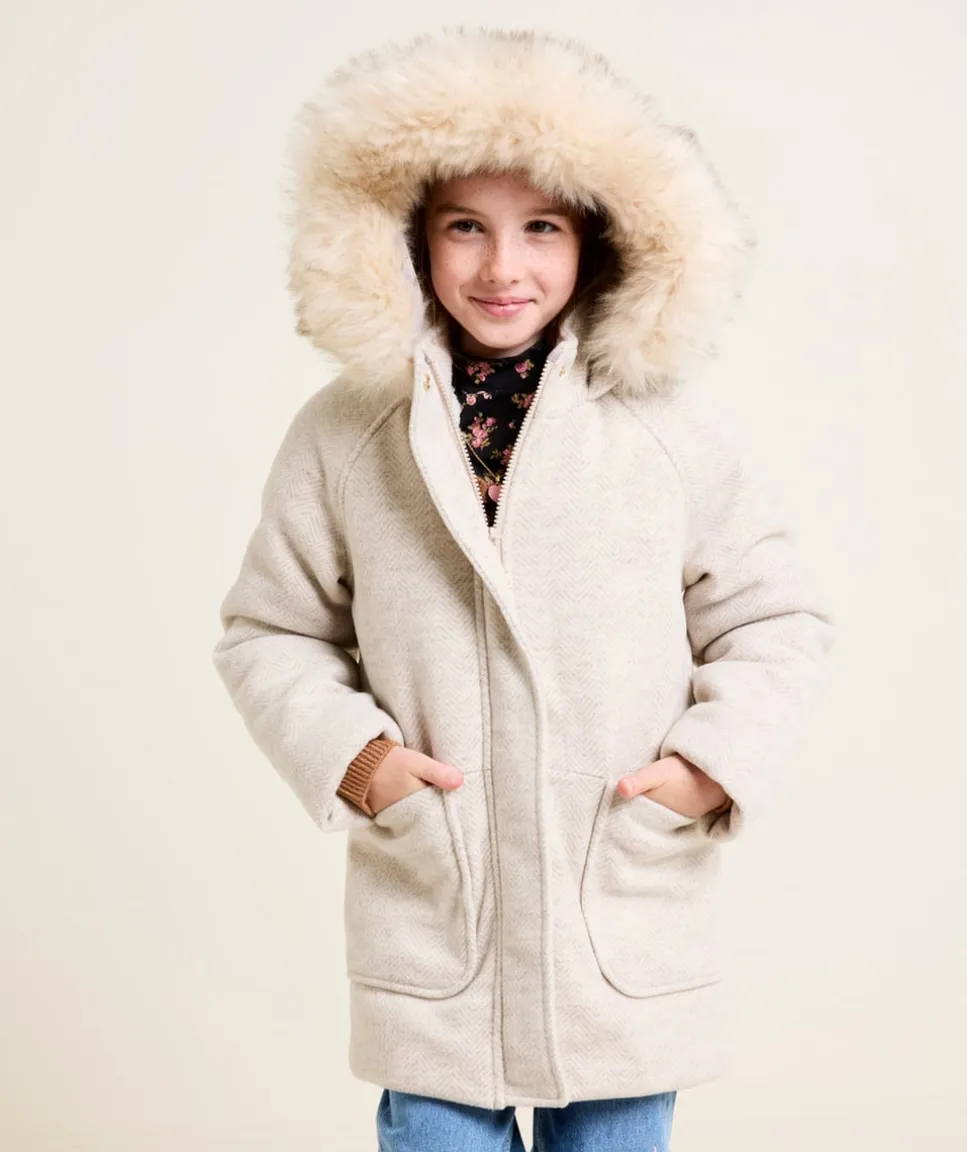 Manteau fille beige à capuche fourrure