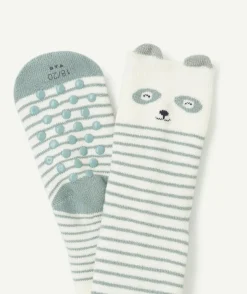Paire de chaussettes bébé garçon antidérapantes panda écru et vert