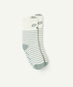 Paire de chaussettes bébé garçon antidérapantes panda écru et vert