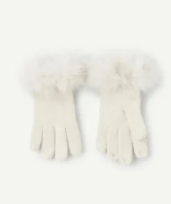 Paire de gants fille en fibres recyclées écru avec détails fourrure