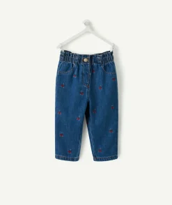 Pantalon droit bébé fille denim imprimé cerises