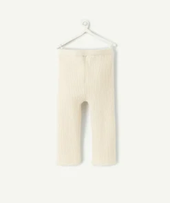 Pantalon droit bébé fille en maille côtelé écru avec fil couleur dorée