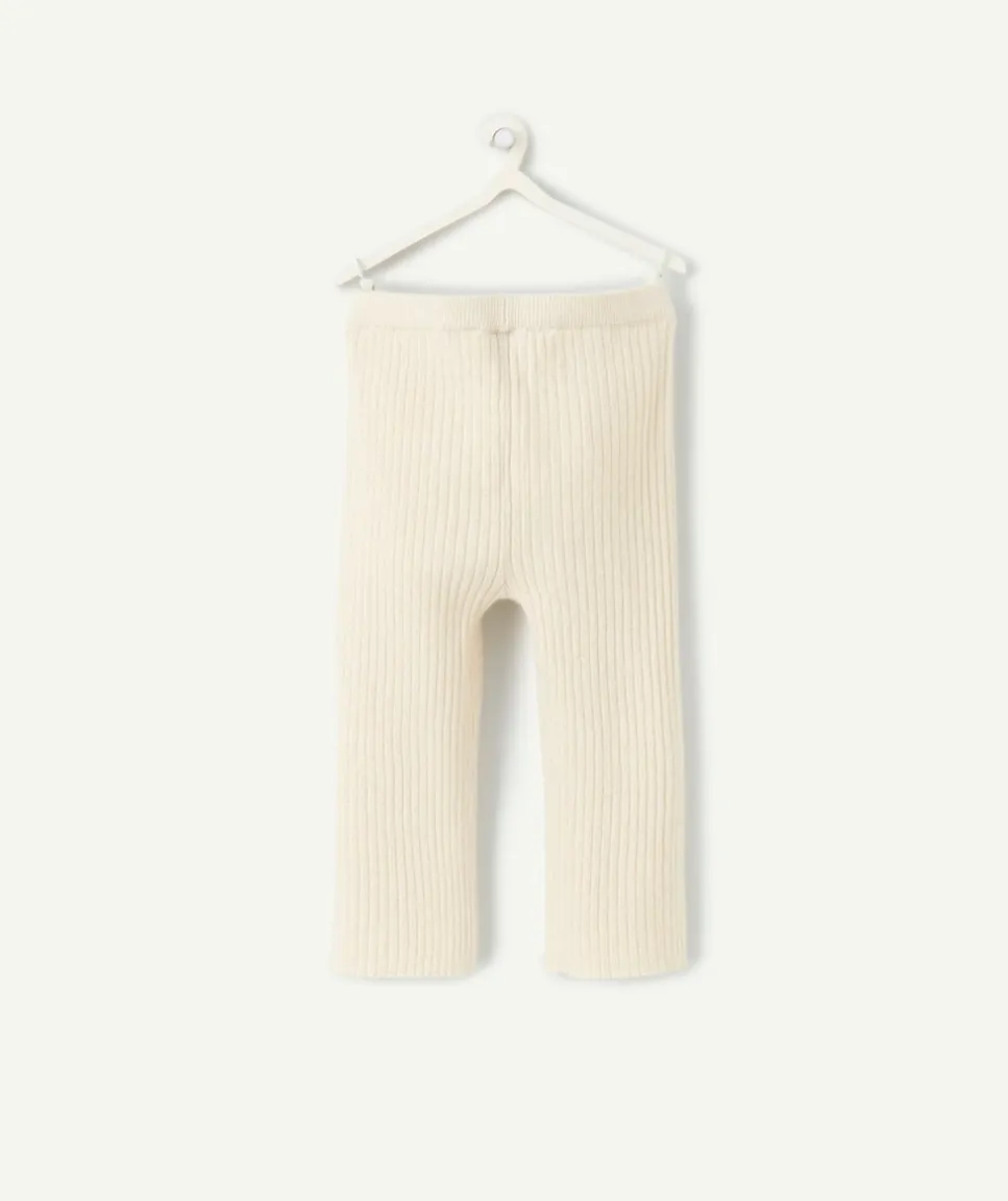 Pantalon droit bébé fille en maille côtelé écru avec fil couleur dorée