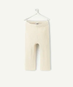 Pantalon droit bébé fille en maille côtelé écru avec fil couleur dorée