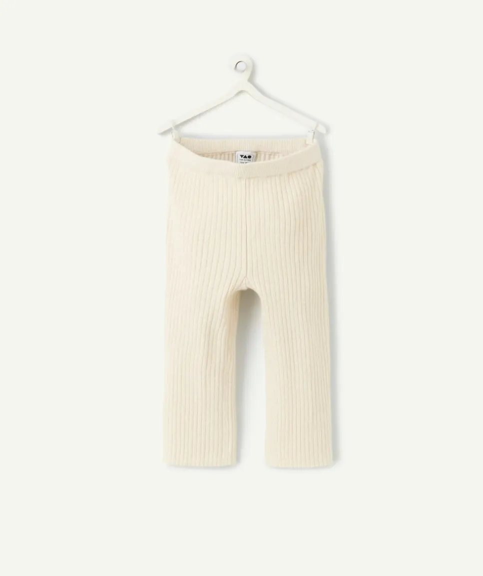 Pantalon droit bébé fille en maille côtelé écru avec fil couleur dorée