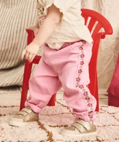 Pantalon droit bébé fille rose broderies florales