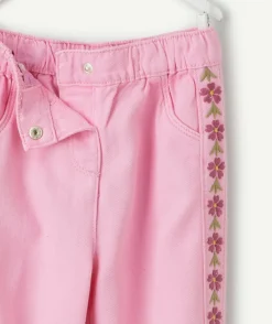 Pantalon droit bébé fille rose broderies florales