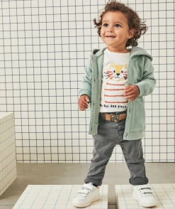 Pantalon droit bébé garçon en denim lower impact gris avec ceinture