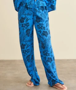 Pantalon fille large bleu imprimé