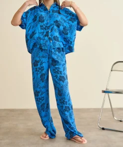 Pantalon fille large bleu imprimé