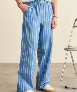Pantalon fille large bleu rayé