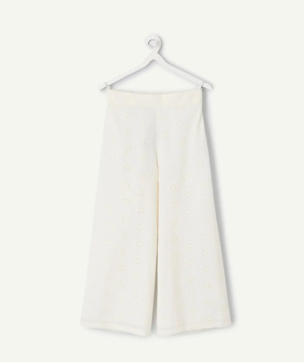 Pantalon fille large broderie écru
