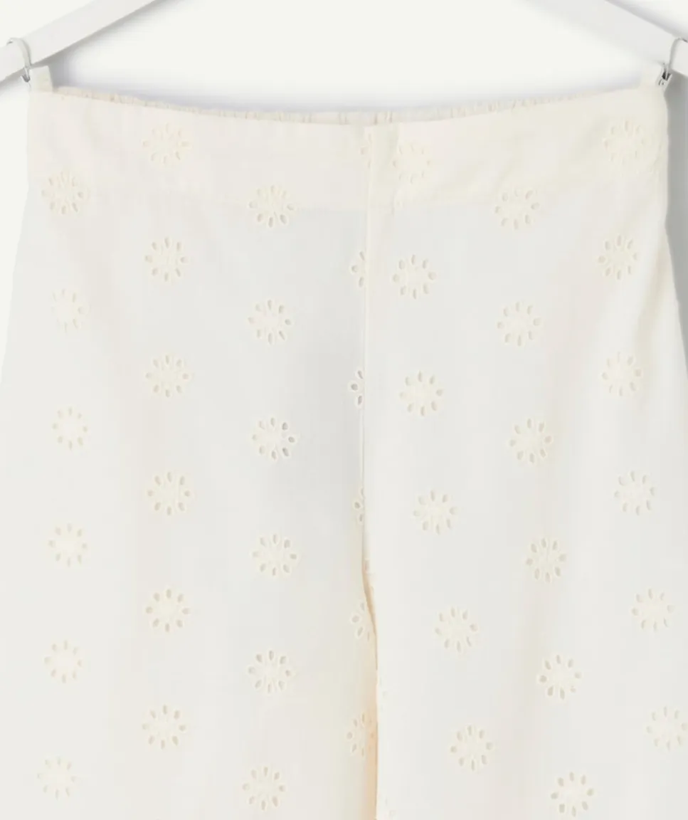 Pantalon fille large broderie écru