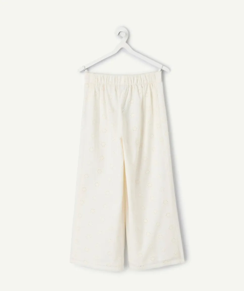 Pantalon fille large broderie écru
