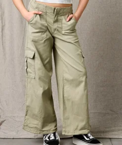 Pantalon fille large cargo kaki